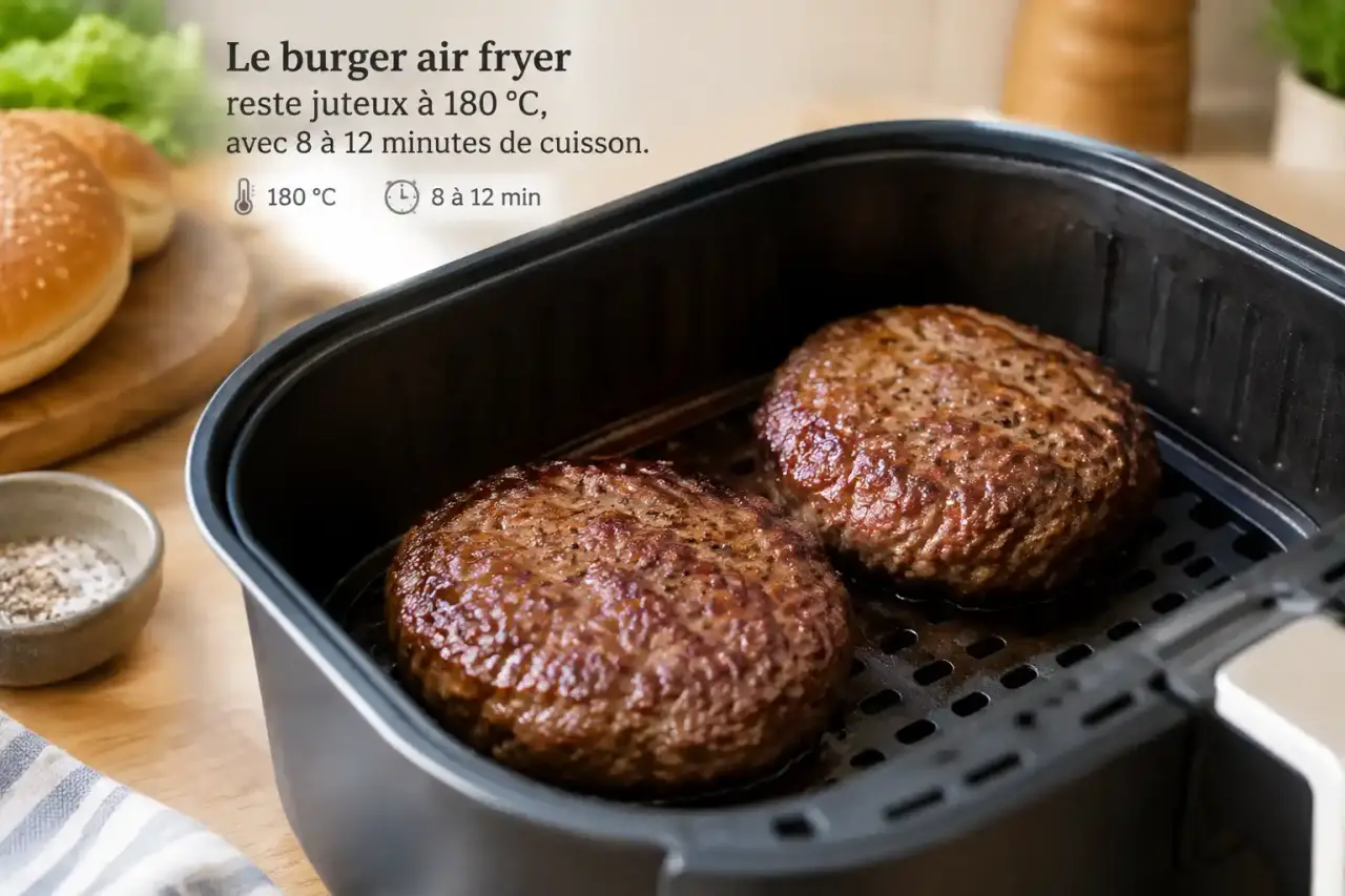 Le burger air fryer reste juteux à 180 °C, avec 8 à 12 minutes de cuisson
