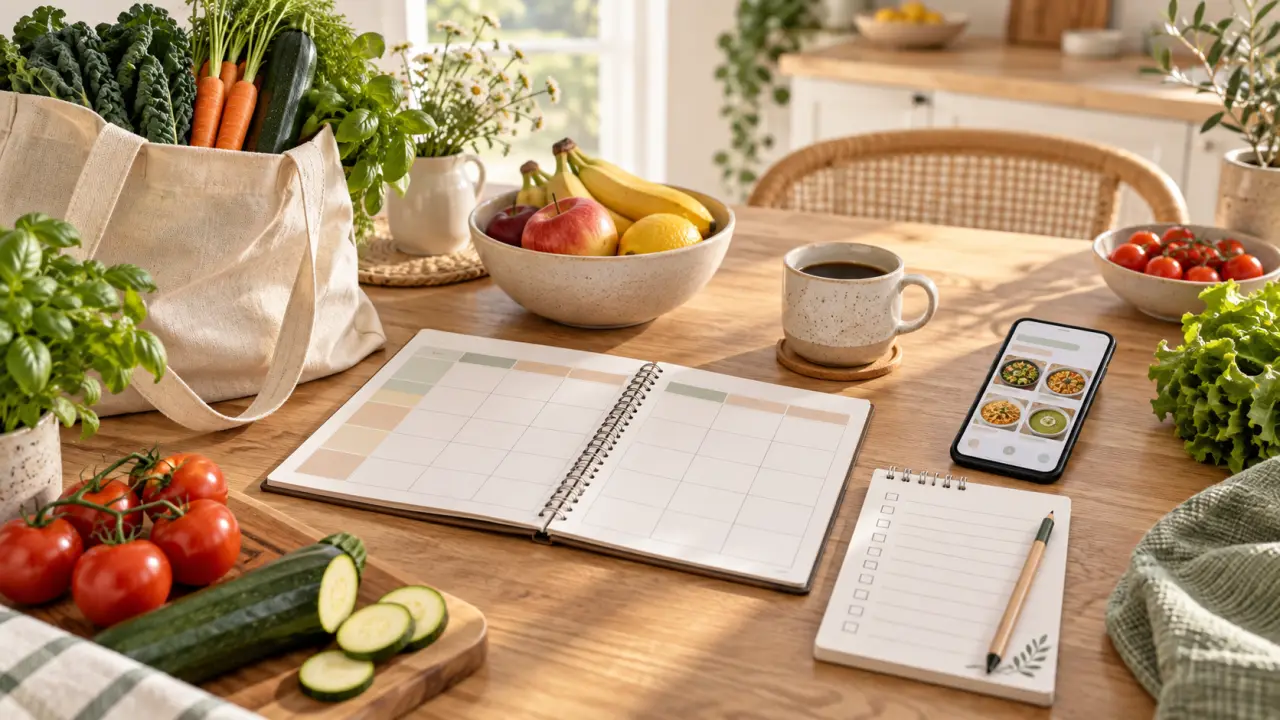 Tablette affichant un planning de repas dans une cuisine lumineuse