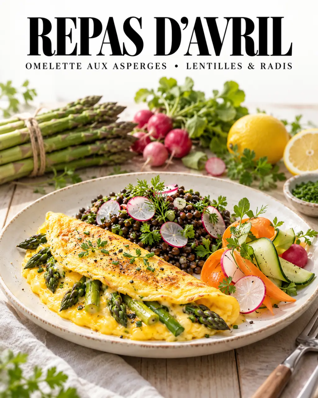 Idées repas avril avec omelette aux asperges et salade de lentilles aux radis