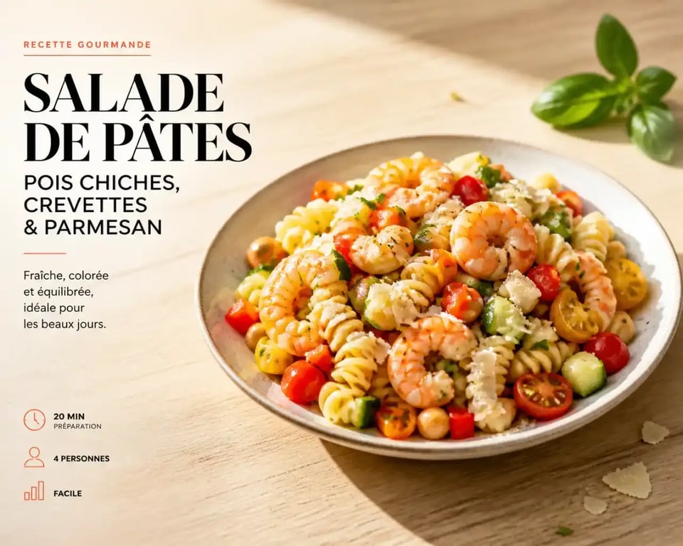 Recette saine facile de salade de pâtes aux pois chiches et crevettes