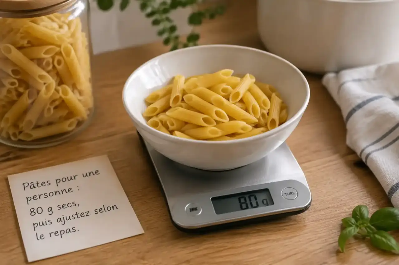 Pâtes pour une personne : 80 g secs, puis ajustez selon le repas