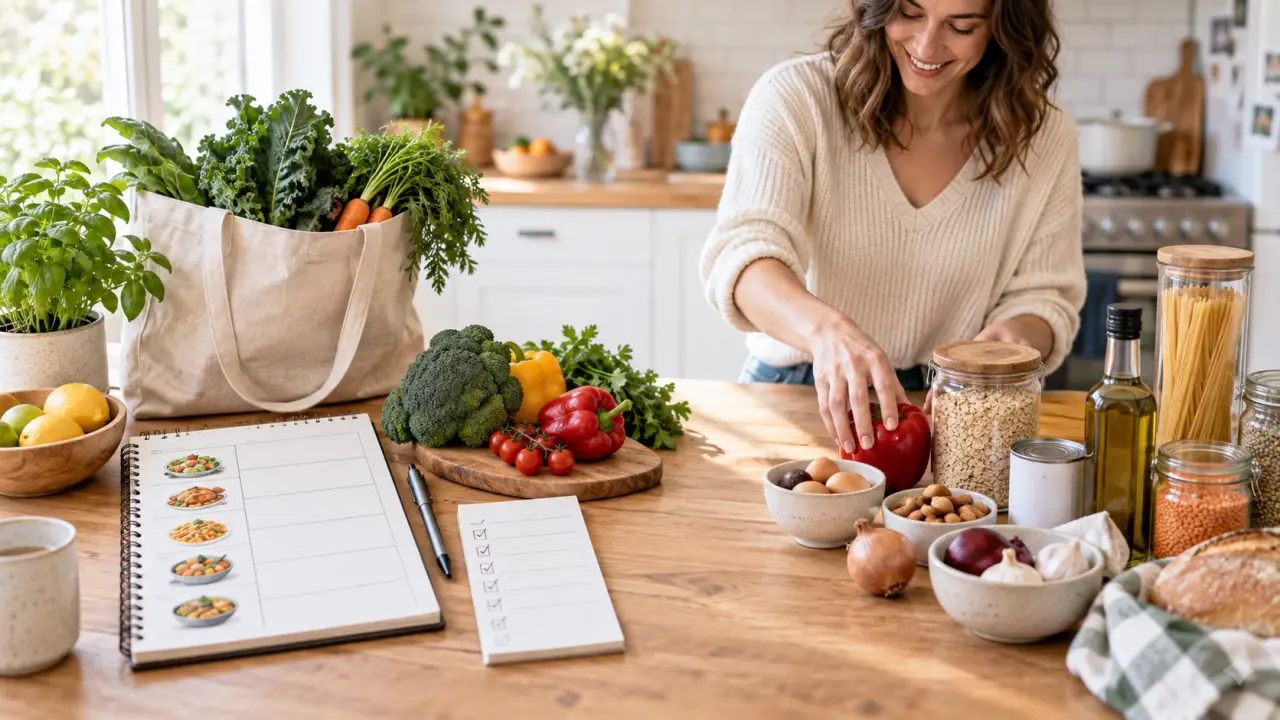 Ingrédients frais et tablette affichant un planning de repas dans une cuisine lumineuse