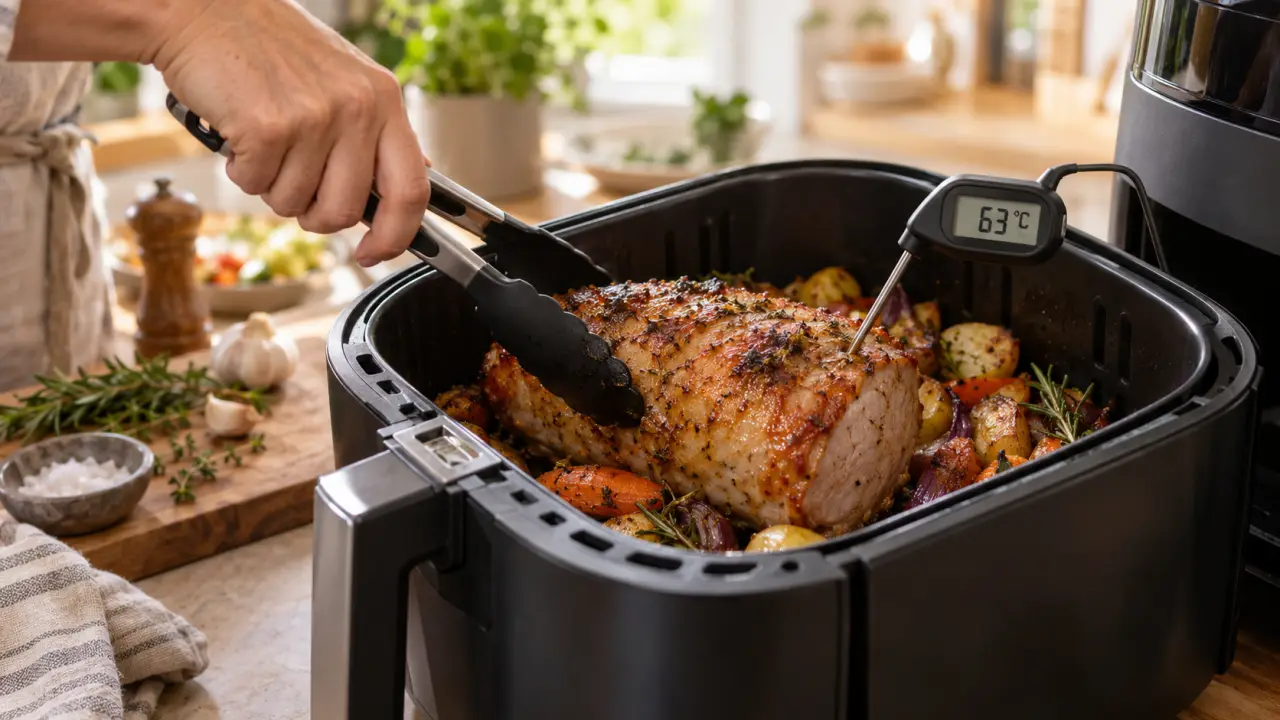 Rôti de porc au Airfryer : retournez-le à mi-cuisson et contrôlez 63 °C à cœur