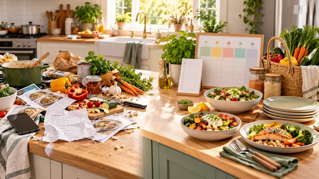Cuisine lumineuse avec des ingrédients frais et une tablette affichant un planning de repas