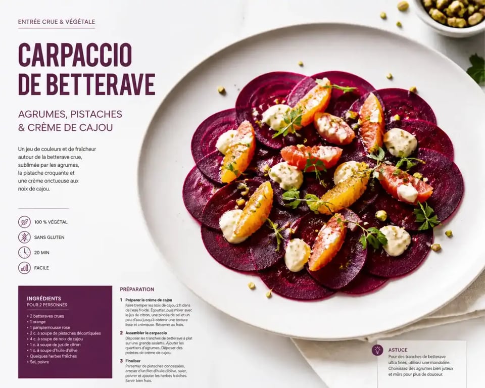 Entrée vegan gastronomique froide, carpaccio de betterave aux agrumes et pistaches
