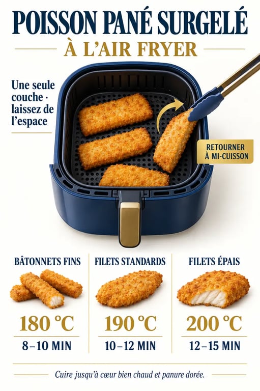 Poisson pané surgelé Air Fryer : disposition dans le panier, température et temps de cuisson