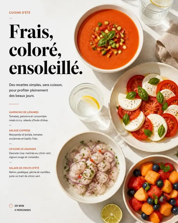 Sélection de plats sans cuisson pour l'été avec gaspacho, salade caprese et ceviche