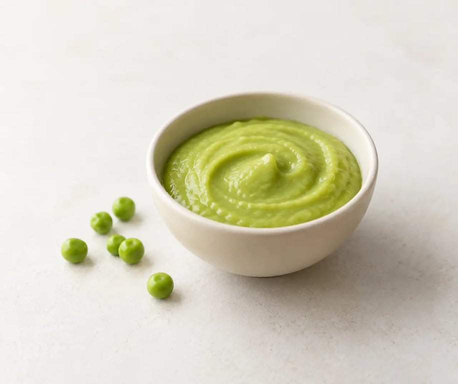 Purée bébé petit pois lisse et homogène servie dans un petit bol