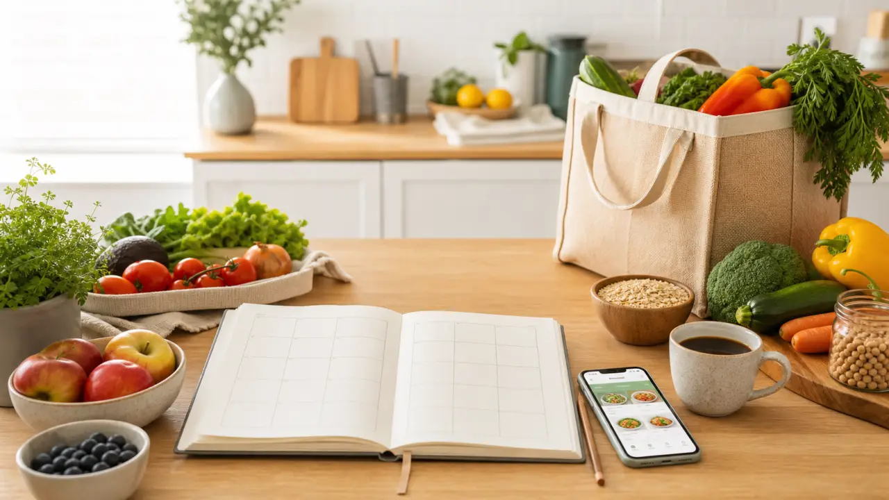 Cuisine lumineuse avec des légumes frais et une tablette affichant un planning de repas