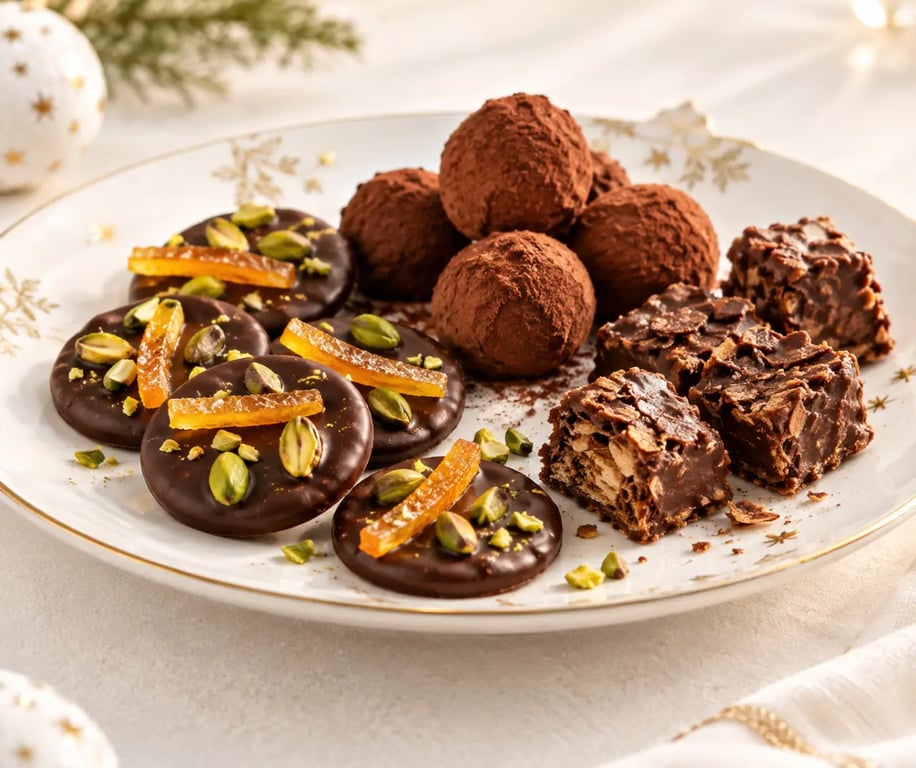 Recette de chocolat de Noël fait maison facile : assortiment de mendiants, truffes et bouchées croustillantes