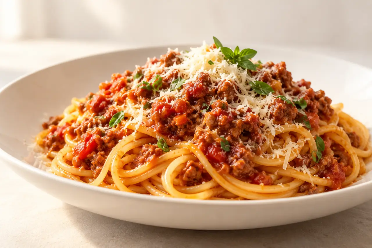 Crock pot recette de sauce bolognaise servie avec des spaghetti et du parmesan