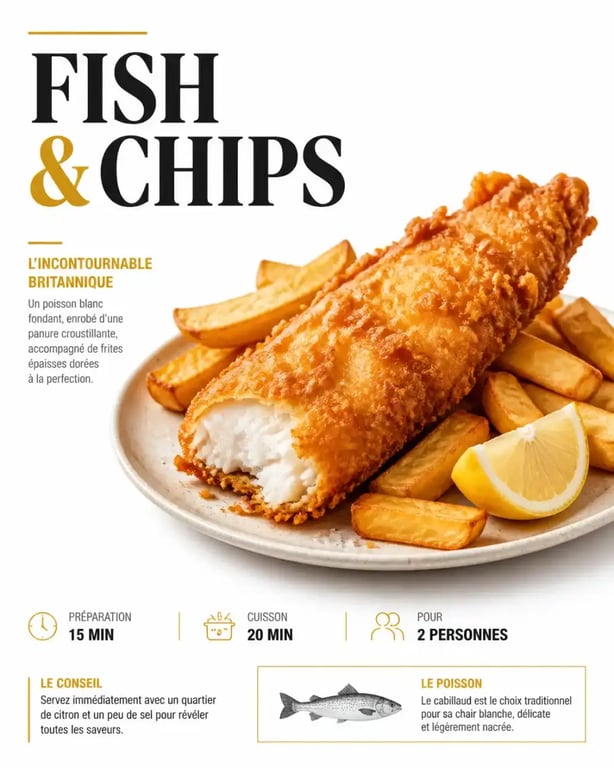 Fish and chips traditionnel servi avec des frites.