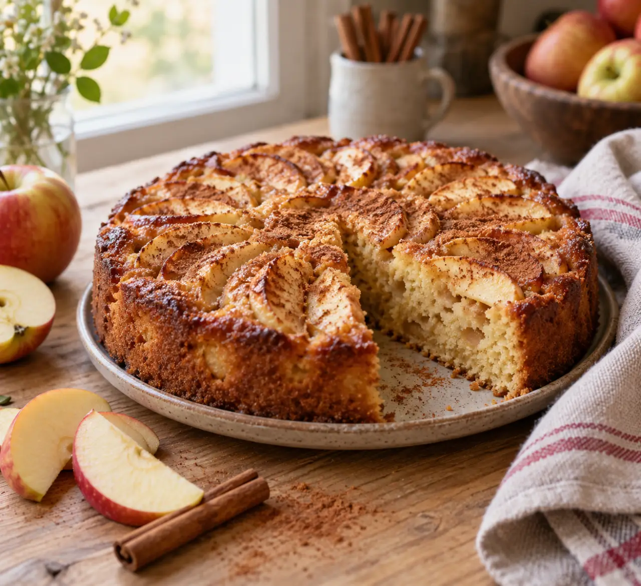 Gâteau aux pommes et à la cannelle : 180 °C, 40 minutes et des fruits fondants